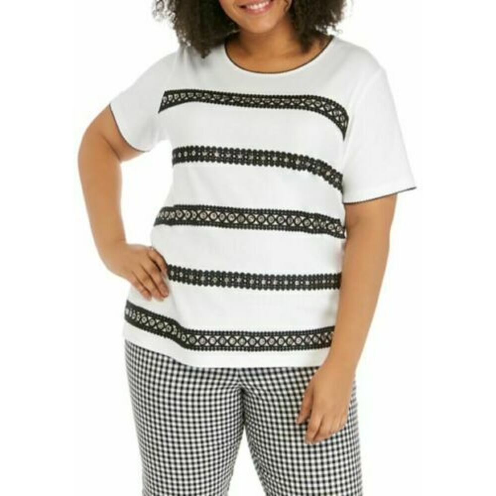 Alfred Dunner Women's Grommet and Lace Knit Round Neck Top White Size L